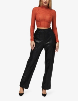 Mistress Rocks Womens Gathered Long-sleeve Stretch-mesh Top Burnt Orange In Burnt Orange