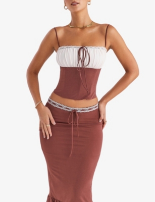 MISTRESS ROCKS: Gathered lace-trim  stretch-woven corset top