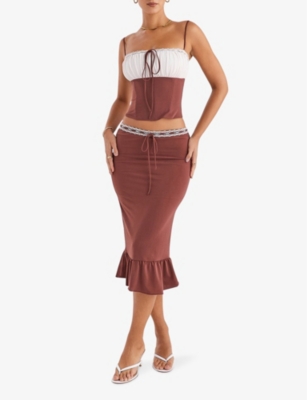 Shop Mistress Rocks Womens Lace And Ruffle-trim Mid-rise Woven Midi Skirt Coffee