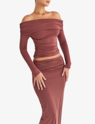 Mistress Rocks Womens  Draped Off-shoulder Stretch-jersey Top In Coffee