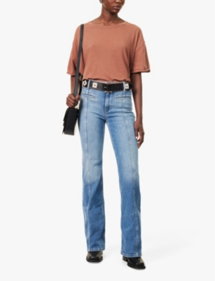 FREE PEOPLE WOMENS WHITE FIRECRACKER HIGH-RISE FLARED STRETCH-DENIM JEANS 