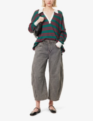 FREE PEOPLE WOMENS FOREST COMBO TRAVIS STRIPED STRETCH-COTTON POLO JUMPER 