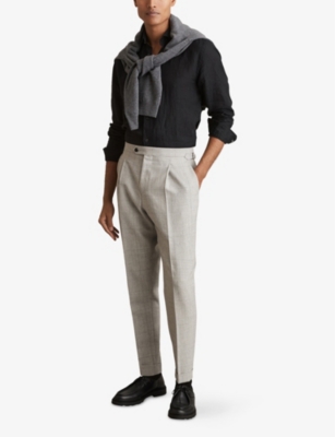 Reiss Mens  Checked Waist-adjuster Wool And Linen Trousers In Soft Grey Melange