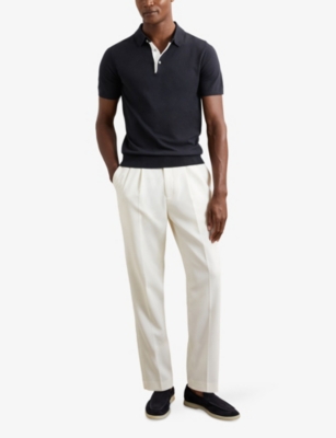 Reiss Mens Finch Contrast-placket Stretch-woven Polo Shirt Navy In Black