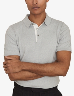 Reiss Mens Washed Sage Green Finch Contrast-placket Stretch-woven Polo Shirt