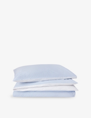 THE LITTLE WHITE COMPANY UD BLUE REVERSIBLE GINGHAM DOUBLE COTTON BED SET 
