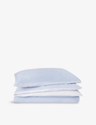 THE LITTLE WHITE COMPANY UD BLUE REVERSIBLE GINGHAM SINGLE COTTON BED SET 