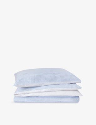 THE LITTLE WHITE COMPANY UD BLUE REVERSIBLE GINGHAM COT BED COTTON BED S 