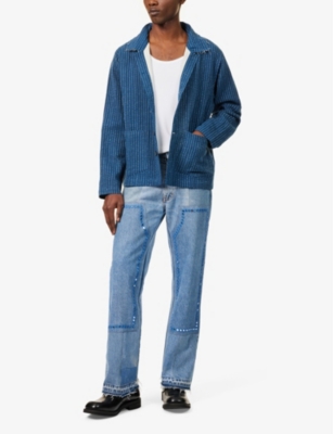 Shop Kartik Research Mens Indigo/sky Exposed-stitching Patch-pockets Relaxed-fit Cotton Jacket