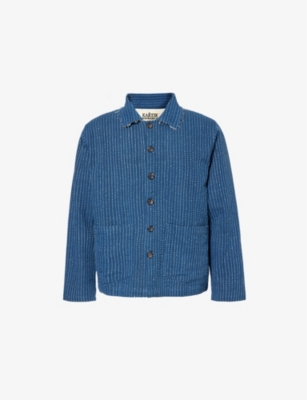 Shop Kartik Research Mens Indigo/sky Exposed-stitching Patch-pockets Relaxed-fit Cotton Jacket