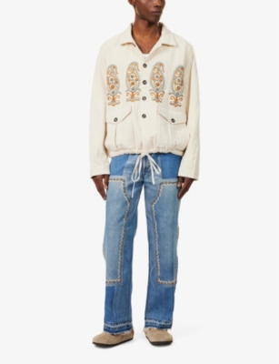 Shop Kartik Research Mens Ranthambore Embroidered Relaxed-fit Cotton Jacket Ecru/gold/mint/orange