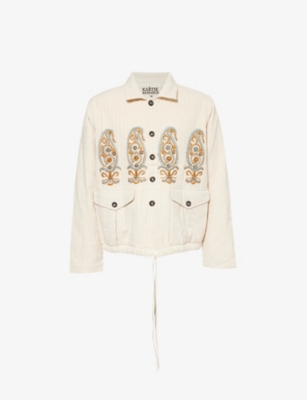 Shop Kartik Research Mens Ranthambore Embroidered Relaxed-fit Cotton Jacket Ecru/gold/mint/orange