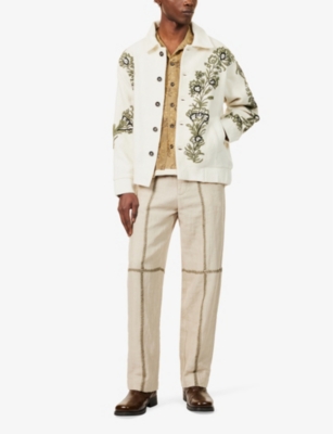 KARTIK RESEARCH MENS WHITE/MINT/BLACK ALMORA EMBROIDERED RELAXED-FIT WOOL JACKET 