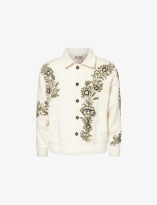 KARTIK RESEARCH MENS WHITE/MINT/BLACK ALMORA EMBROIDERED RELAXED-FIT WOOL JACKET 
