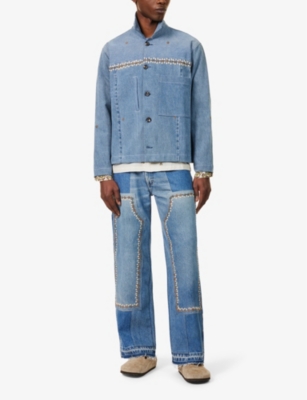 Shop Kartik Research Mens Blue/gold/white Embroidered Spread-collar Relaxed-fit Denim Jacket