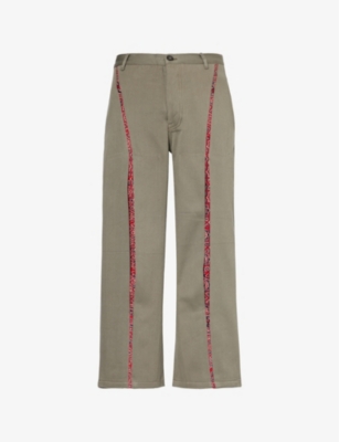 Kartik Research Khaki Double Box Pleated Trousers In Ecru/emerald/orange