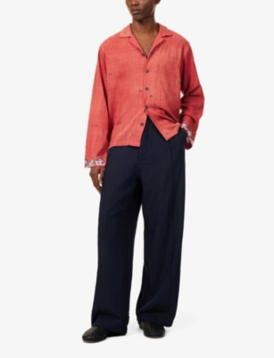 Shop Kartik Research Mens Navy Raw-trims Two-slip-pockets High-rise Relaxed-fit Cotton Trousers