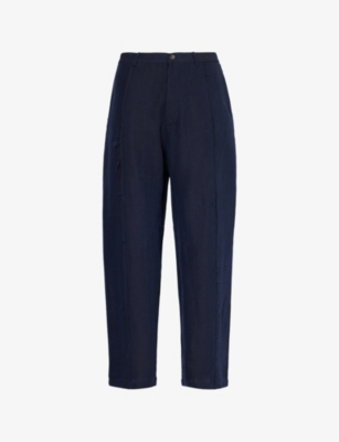 Shop Kartik Research Mens Navy Raw-trims Two-slip-pockets High-rise Relaxed-fit Cotton Trousers