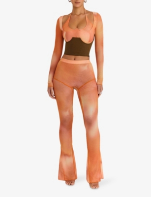 Mistress Rocks Womens Orange Ombre-print Flared-leg Stretch-mesh Trousers In Orange