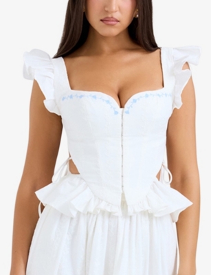 House Of Cb Womens White Embroidered Lilibet Floral-embroidered Peplum Cotton Corset Top In White Embroidered