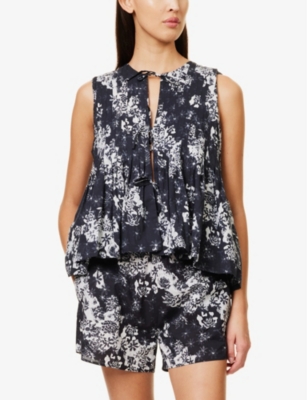 DESMOND AND DEMPSEY WOMENS DESMOND AND DEMPSEY PLEATED FLOWER-PRINT COTTON-POPLIN PYJAMA SET 