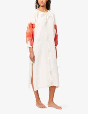 DESMOND AND DEMPSEY AND DEMPSEY WOMENS CREAM/RED DOROTHEA RELAXED-FIT LINEN KAFTAN L/XL 