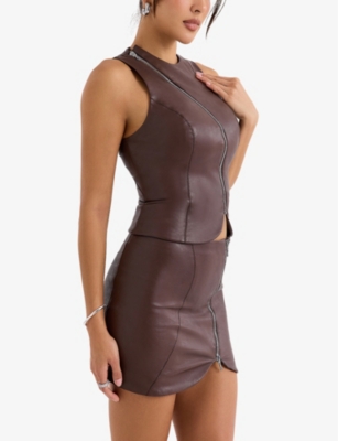 Mistress Rocks Womens Asymmetric-zip Sleeveless Faux Leather Top Earth In Earth
