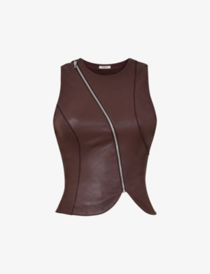 Mistress Rocks Womens Asymmetric-zip Sleeveless Faux Leather Top Earth In Earth