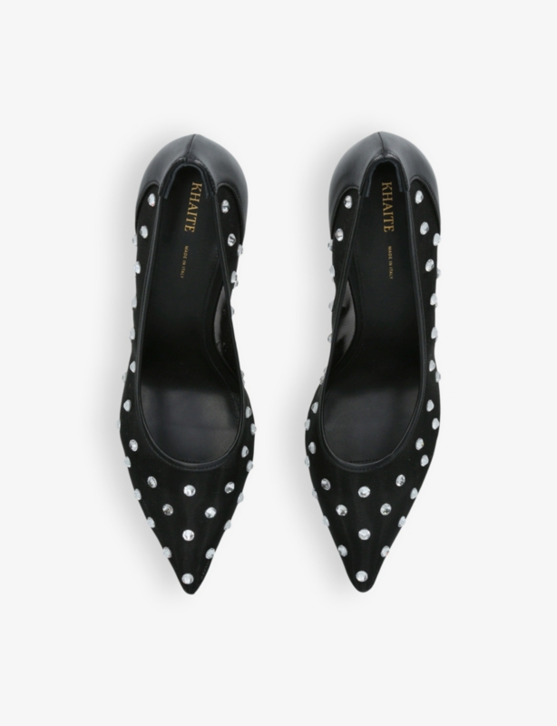 River crystal-embellished mesh heeled pumps