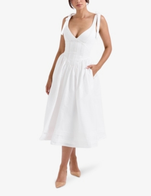 House Of Cb Womens White Hattie Pintucked Stretch Cotton-blend Midi Dress In White