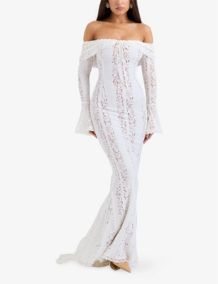 HOUSE OF CB: Belle Off-The-Shoulder Stretch-Lace Maxi Dress
