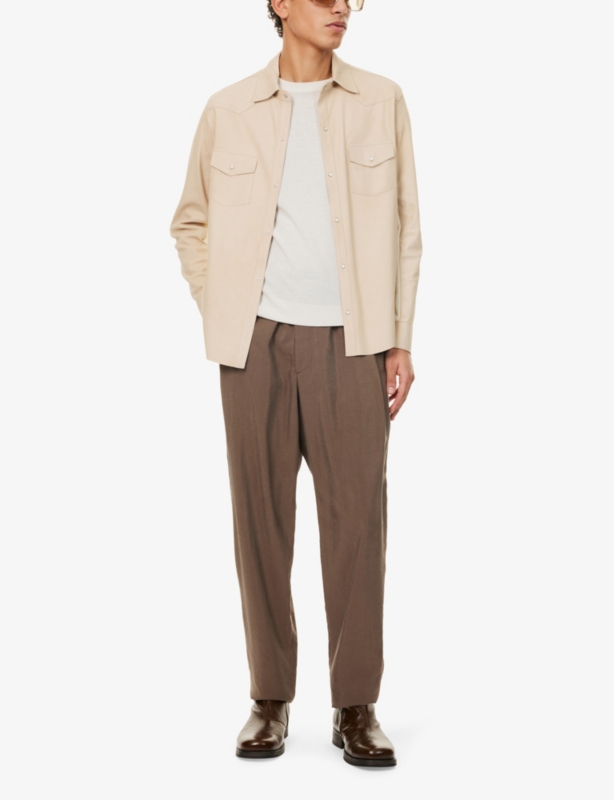 Knitted-Panel Suede Regular-Fit Leather Shirt
