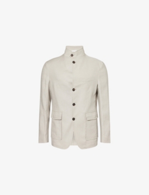 ELEVENTY: Flap-Pockets Band-Collar Stretch-Linen Blend Jacket