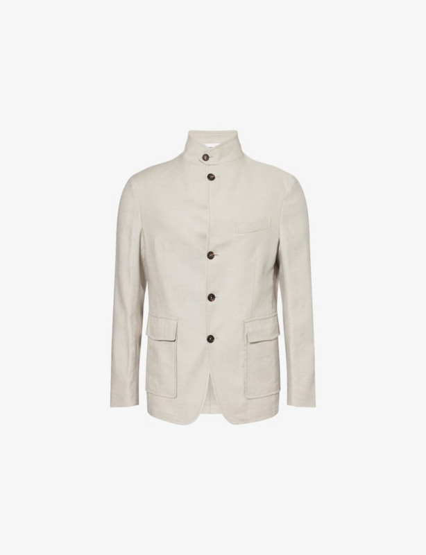 Flap-Pockets Band-Collar Stretch-Linen Blend Jacket