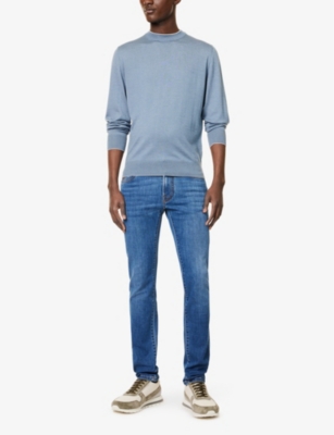 Shop Eleventy Mens  Stripe-trim Knitted Wool And Silk-blend Jumper In Denim E Grigio Chiaro