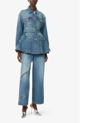 ALAIA: Peplum-Hem Belted Denim Jacket