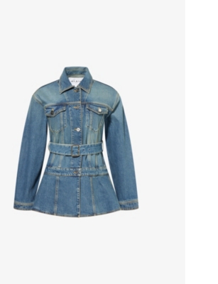 ALAIA: Peplum-Hem Belted Denim Jacket