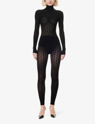 ALAÏA WOMENS NOIR ALAIA LACE-EMBROIDERY TEXTURED STRAIGHT-LEG MID-RISE KNITTED LEGGINGS 