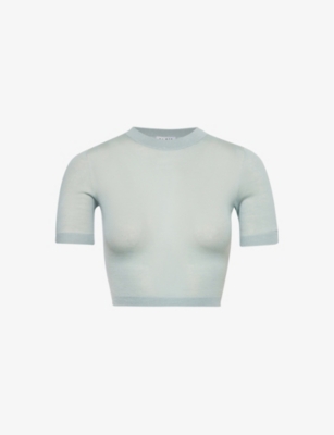 ALAÏA WOMENS SAUGE CROP SHORT-SLEEVES CASHMERE TOP 