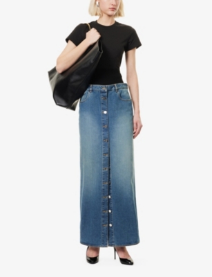 ALAÏA WOMENS BLEU VINTAGE COLUMN KNITTED-WAISTBAND DENIM-BLEND MIDI SKIRT 