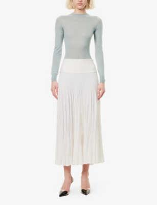 ALAÏA WOMENS BLANC NATUREL SCULPTING PLEATED WOOL MIDI SKIRT 