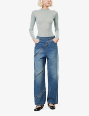 ALAIA: Spiral Zip-Fastening Wide-Leg High-Rise Denim-Blend Jeans