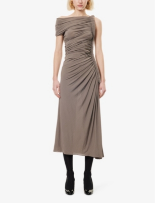 ALAÏA WOMENS TAUPE PIPE RUCHED STRETCH-WOVEN MIDI DRESS