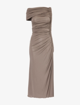 ALAÏA WOMENS TAUPE PIPE RUCHED STRETCH-WOVEN MIDI DRESS