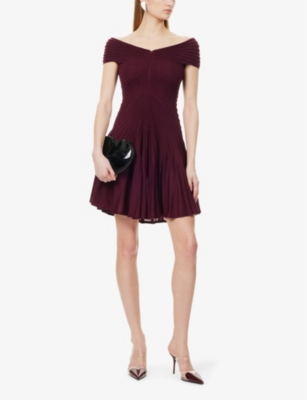 ALAÏA WOMENS BORDEAUX RIBBED SLEEVELESS WOOL MINI DRESS 