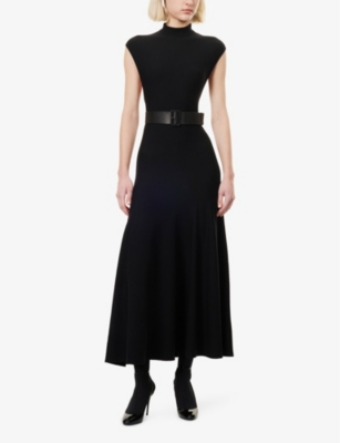 ALAÏA WOMENS NOIR ALAIA BELTED SLEEVELESS WOOL-BLEND MIDI DRESS