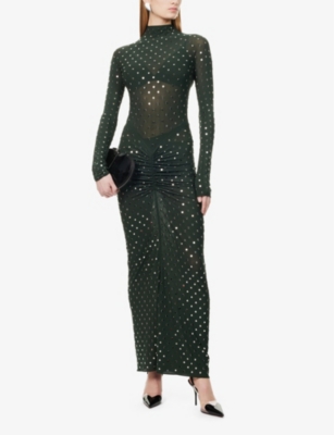 ALAÏA WOMENS ALAIA STUDDED DRAPED WOVEN-BLEND MAXI DRESS 