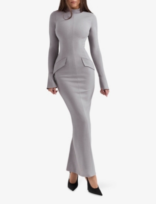 House Of Cb Womens Light Grey Marie-louise Turtleneck Stretch-woven Maxi Dress Xs In Light Grey