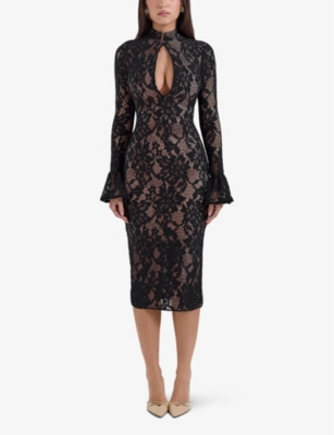 House Of Cb Womens Black Pierette Keyhole-neck Stretch-lace Midi Dress In Black