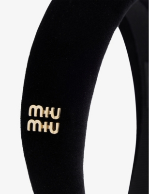 Shop Miu Miu Womens Nero Brand-plaque Velvet Cotton Headband